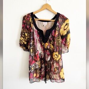 Anthro Y2K Plenty Tracy Reese 100% Silk Scoop Neck Keyhole Top Blouse Floral M